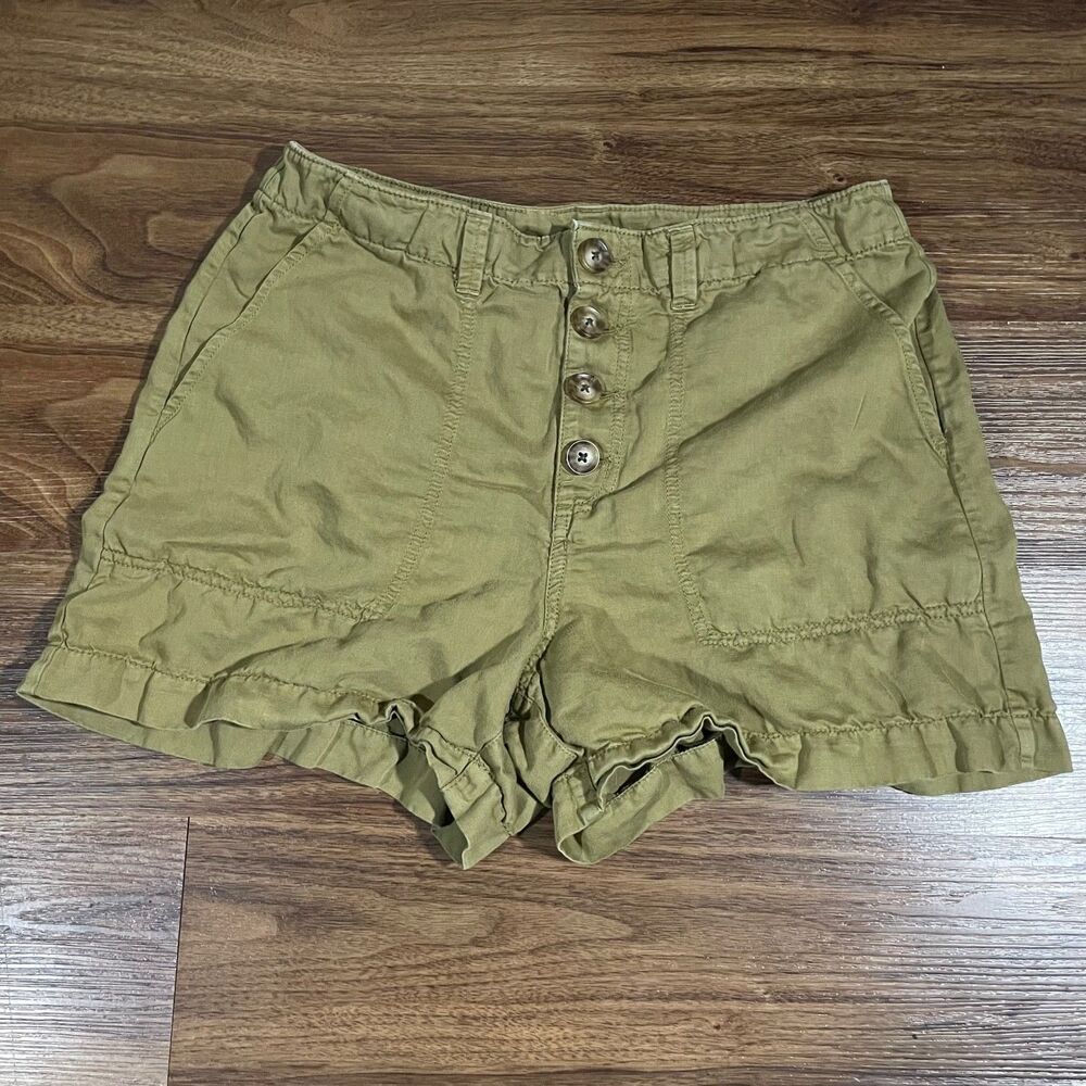 Loft Button Front Utility Linen Blend Shorts Green Casual Cotton Women's Size 10